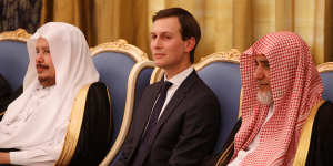 Jared Kushner watches as Donald Trump is presented with The Collar of Abdulaziz Al Saud Medal,at the Royal Court Palace,in Riyadh. 