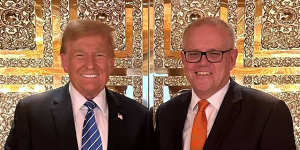 Shame about the “pile-on”:Donald Trump with Scott Morrison at the former president’s penthouse apartment in Trump Tower.