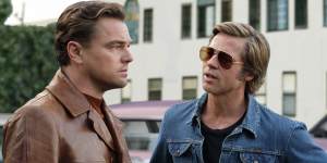 Brad Pitt,right,with Leonardo DiCaprio in Once Upon a Time ... in Hollywood. Pitt plays stuntman Cliff Booth. 