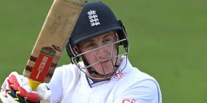 Harry Brook hits out at Lord’s during England’s first innings.