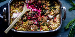 One-tray wonder:Lamb meatballs with moghrabieh.