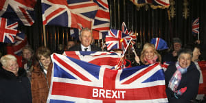 Brexit supporters hold a rally to celebrate the country leaving the European Union.
