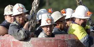 Miners are brought to the surface at a Ballarat gold mine after a tunnel collapse in 2007.