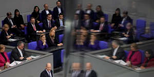 German Chancellor Olaf Scholz speaks during a plenary session at the German parliament Bundestag before the vote.