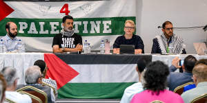 Max Kaiser (left),Nasser Mashni,Janet Rice and Adel Salman address a forum in Tottenham,in Melbourne’s west.