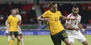 Goal scorer Jackson Irvine and Khaled Ebraheim battle for the ball.