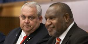 PNG Foreign Minister Justin Tkatchenko,left,and Prime Minister James Marape in Canberra in February.