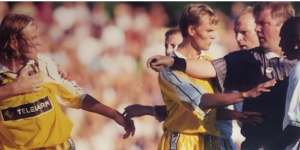 Tony Gustavsson (far left) during his playing days in Sweden facing Jimmy Floyd Hasselbaink (right).