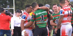 Latrell Mitchell and Tyrell Sloan embrace after the 2023 Charity Shield.