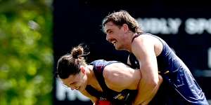 Eric Hipwood,left,and Joe Daniher,right,wrestle for the ball at Brisbane training on Wednesday. 