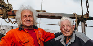 Fisherman Santo La Macchia (right),who turns 101 on Tuesday,with his son and skipper “Young Bobbie”,75. 