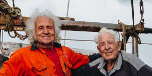 Fisherman Santo La Macchia (right),who turns 101 on Tuesday,with his son and skipper “Young Bobbie”,75. 