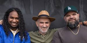 Indigenous rappers Baker Boy (left) and Briggs (right) with singer-songwriter Paul Kelly. 