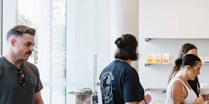 Collectivus’ Amanda Leeson has designed a low-key but stunning venue of terrazzo benches,vertical grey tiling and striking brass-lined sconce lights.