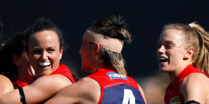 Daisy Pearce celebrates her winning goal in the preliminary final against North Melbourne.