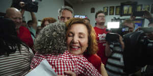 Successful candidate for Dunkley Jodie Belyea celebrates with a hug.