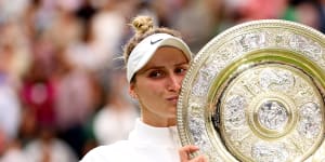 Marketa Vondrousova of Czech Republic celebrates winning the women’s singles final at Wimbledon.