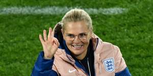England manager Sarina Wiegman celebrates after beating Colombia.