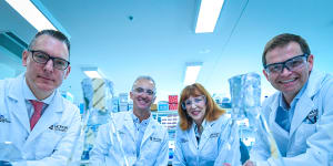 Monash University has been ranked as the world’s top university in pharmacy and pharmacology. From left to right:Professor Chris Langmead,Professor Arthur Christopoulos,Professor Margaret Gardner and Professor Chris Porter.