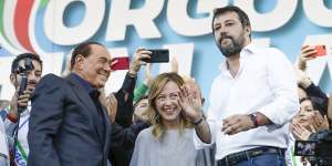 From left,Silvio Berlusconi,Giorgia Meloni and Matteo Salvini address a rally in Rome.