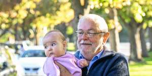 Michael Coates and his granddaughter at school drop-off time on Tuesday morning near Caulfield Grammar in Glen Iris. 