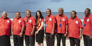 Nauru President Baron Waqa,second from left,poses with New Zealand Prime Minister Jacinda Ardern,fourth from left and other Pacific leaders for a group photo during the Pacific Islands Forum in Nauru in 2018. 