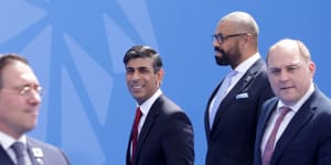 British Prime Minister Rishi Sunak,Secretary of State for Foreign,Commonwealth and Development Affairs James Cleverly and Secretary of State for Defence Ben Wallace arrive on the first day of the 2023 NATO Summit in Vilnius,Lithuania. 