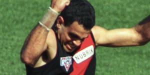 Michael Long leaps for joy after his defining goal in Essendon's 1993 premiership.