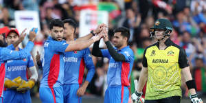Afghanistan players celebrate the wicket of Steve Smith in last year’s T20 World Cup.