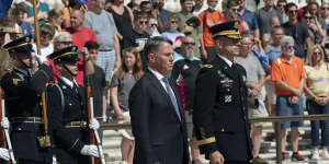 Australian Deputy Prime Minister Richard Marles,at the Tomb of the Unknown Soldier,at Arlington National Cemetery,in Arlington