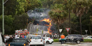 Fireball:The tanker on its side on Mona Vale Road on October 1,2013.