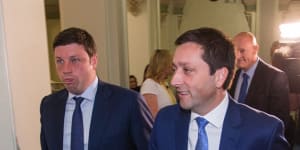 Matthew Guy and Liberal MP Tim Smith after Michael O’Brien was elected as party leader in 2018.