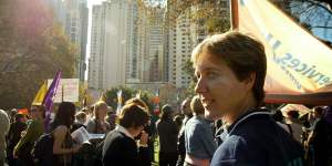 McManus,then head of the Australian Services Union,pictured at a rally in 2005 in support of university teachers. 