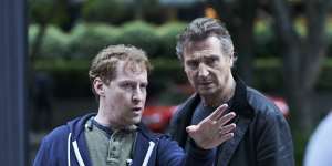 Director Mark Williams with Liam Neeson on the Melbourne set of Blacklight.