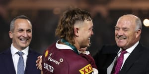 Lewis,pictured at right celebrating Queensland’s 2023 Origin win,has revealed he is battling dementia.