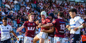 Mac Grealy,pictured celebrating one of his tries for the Queensland Reds,impressed against Wild Knights on Saturday.