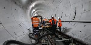 Track being laid in the Cross River Rail tunnel. The track starts at Albert Street station and heads south to Woolloongabba station. 