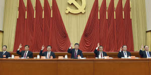 Members of the Chinese Politburo Standing Committee including Zhang Gaoli (left),President Xi Jinping (centre),and Premier Li Keqiang (right of Xi) at a meeting in Beijing in 2016.