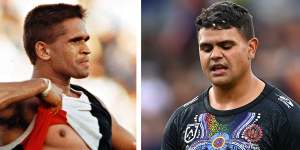 Nicky Winmar’s famous gesture in 1993,and Latrell Mitchell during this year’s All Stars game. 