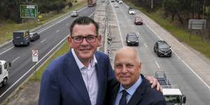 Former premier Daniel Andrews and current treasurer Tim Pallas make a North East Link announcement in 2018.
