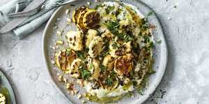 Hetty McKinnon's charred cauliflower salad with lemony whipped feta and pine nuts. 