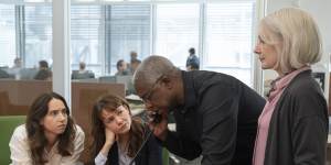 Patricia Clarkson (right) plays Rebecca Corbett,the tireless editor overseeing the investigation,while Andre Braugher is the Times’ executive editor Dean Baquet. 