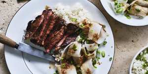 Marinated minute steaks with sesame daikon salad and steamed rice. 