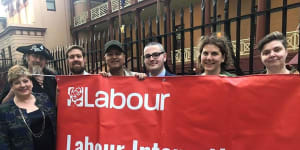 Labour leadership contender and the UK opposition’s foreign spokeswoman Emily Thornberry,left,with Labour International members,including Secretary Reagan Ward (3rd from right) in Sydney,August 2019. 