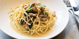 Cime di rapa and pancetta spaghetti.