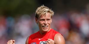 Isaac Heeney of the Swans celebrates a goal against the West Coast Eagles