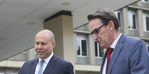 Josh Frydenberg and Treasury secretary Steven Kennedy at the Treasury offices in Canberra last month.