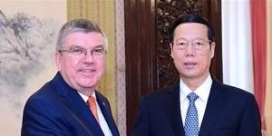 Zhang Gaoli,the former Chinese vice-premier accused of sexually assaulting Peng Shuai,with IOC President Thomas Bach. 