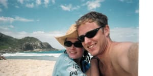 Julia Baird with her then boyfriend,fellow journalist Morgan Mellish,in the early 2000s.