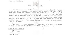 The second letter from Ipswich solicitor Ian Berry in February 1990 requesting documents gathered during the Heiner Inquiry.